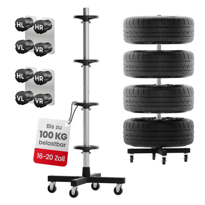 Wagenheber.de Felgenbaum fahrbar – Reifenständer für 4 Reifen bis 225 mm (16–20 Zoll) mit Rollen & Reifenmarkierer, belastbar bis 100 kg
