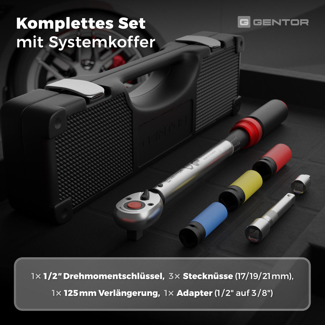 Wagenheber.de Drehmomentschlüssel 1/2 Zoll 40–210 Nm im Set – TÜV & GS geprüft mit Koffer & Nüssen
