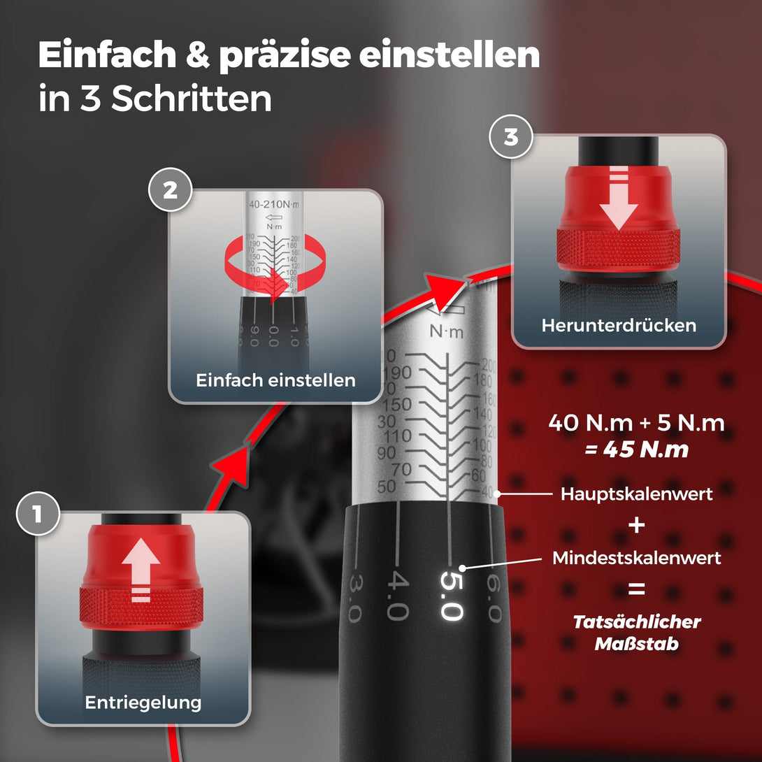 Wagenheber.de Drehmomentschlüssel 1/2 Zoll 40–210 Nm im Set – TÜV & GS geprüft mit Koffer & Nüssen