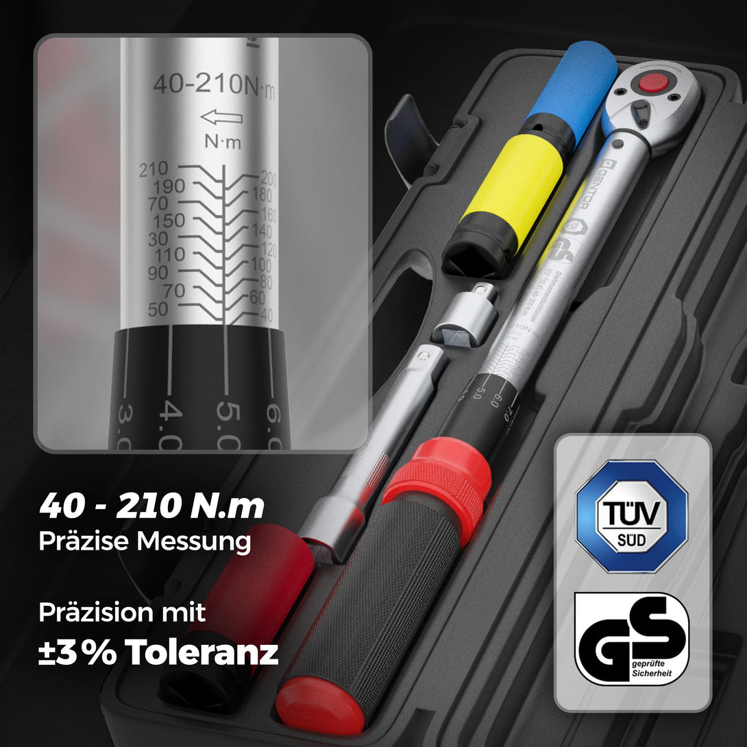 Wagenheber.de Drehmomentschlüssel 1/2 Zoll 40–210 Nm im Set – TÜV & GS geprüft mit Koffer & Nüssen