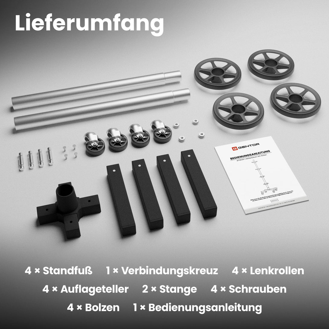Wagenheber.de Felgenbaum fahrbar – Reifenständer für 4 Reifen bis 225 mm (16–20 Zoll) mit Rollen & Reifenmarkierer, belastbar bis 100 kg