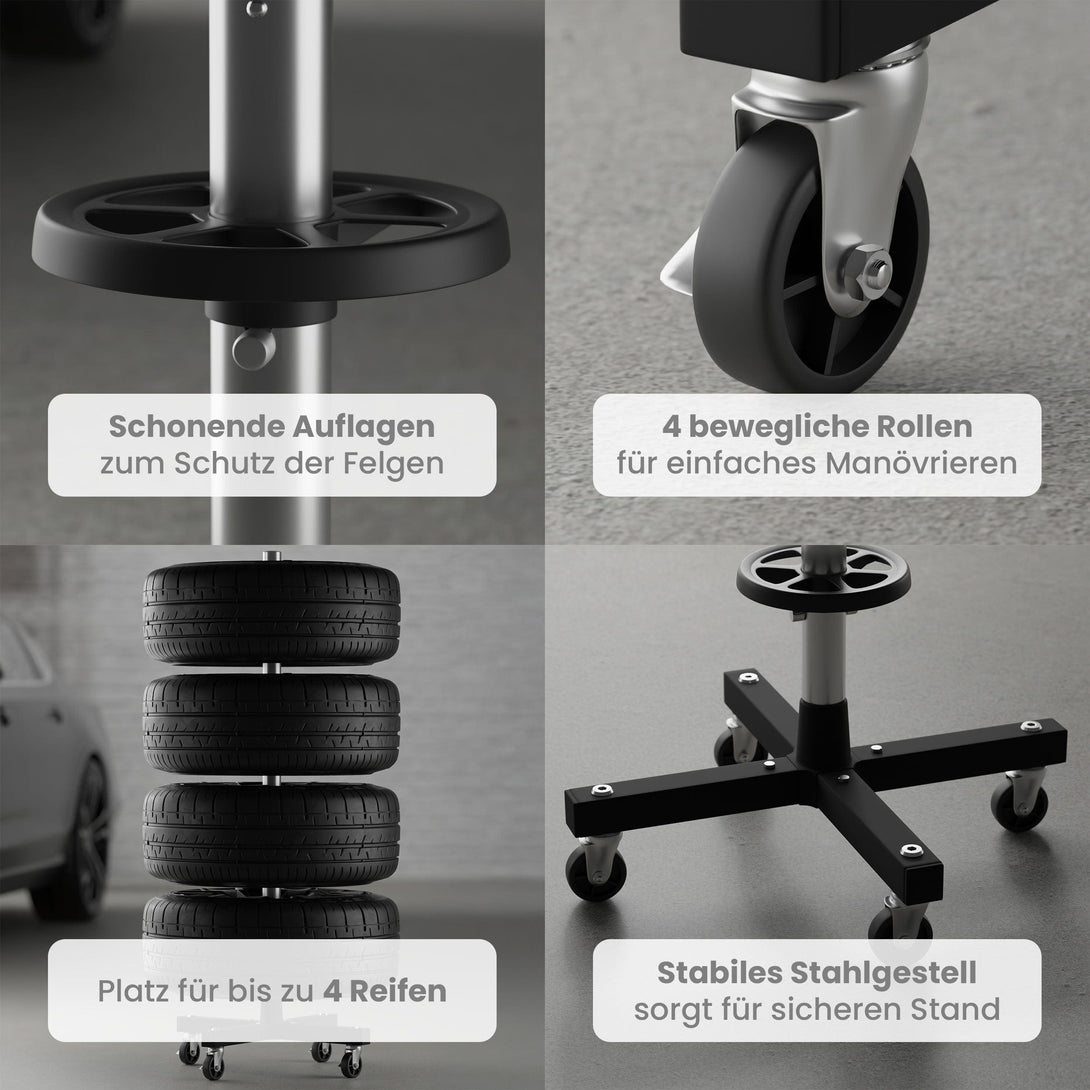 Wagenheber.de Felgenbaum fahrbar – Reifenständer für 4 Reifen bis 225 mm (16–20 Zoll) mit Rollen & Reifenmarkierer, belastbar bis 100 kg