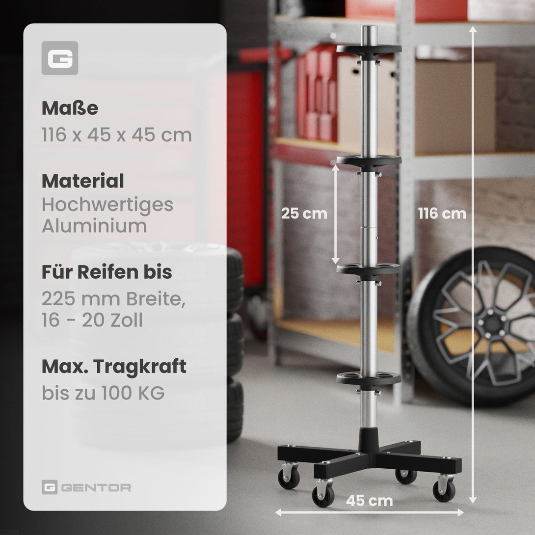 Wagenheber.de Felgenbaum fahrbar – Reifenständer für 4 Reifen bis 225 mm (16–20 Zoll) mit Rollen & Reifenmarkierer, belastbar bis 100 kg