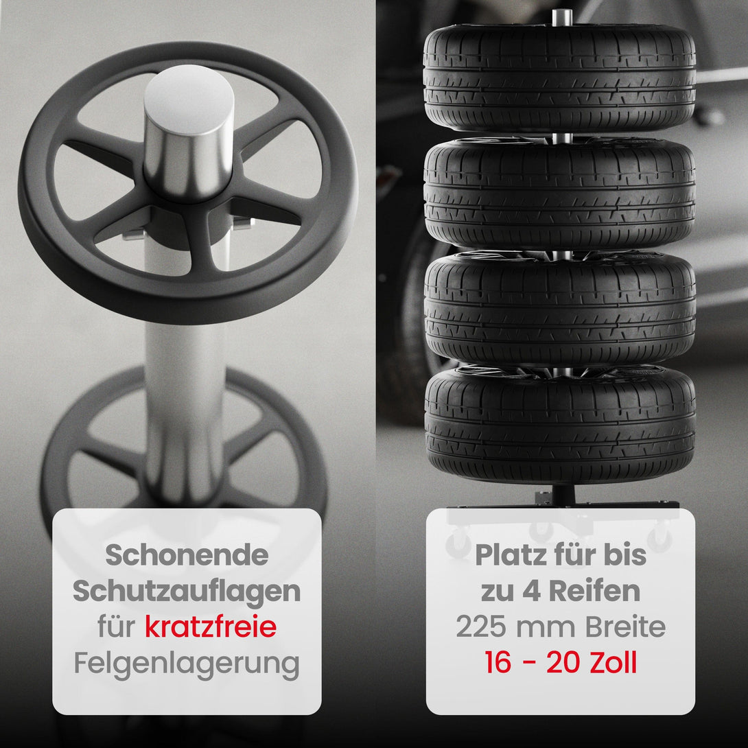 Wagenheber.de Felgenbaum fahrbar – Reifenständer für 4 Reifen bis 225 mm (16–20 Zoll) mit Rollen & Reifenmarkierer, belastbar bis 100 kg