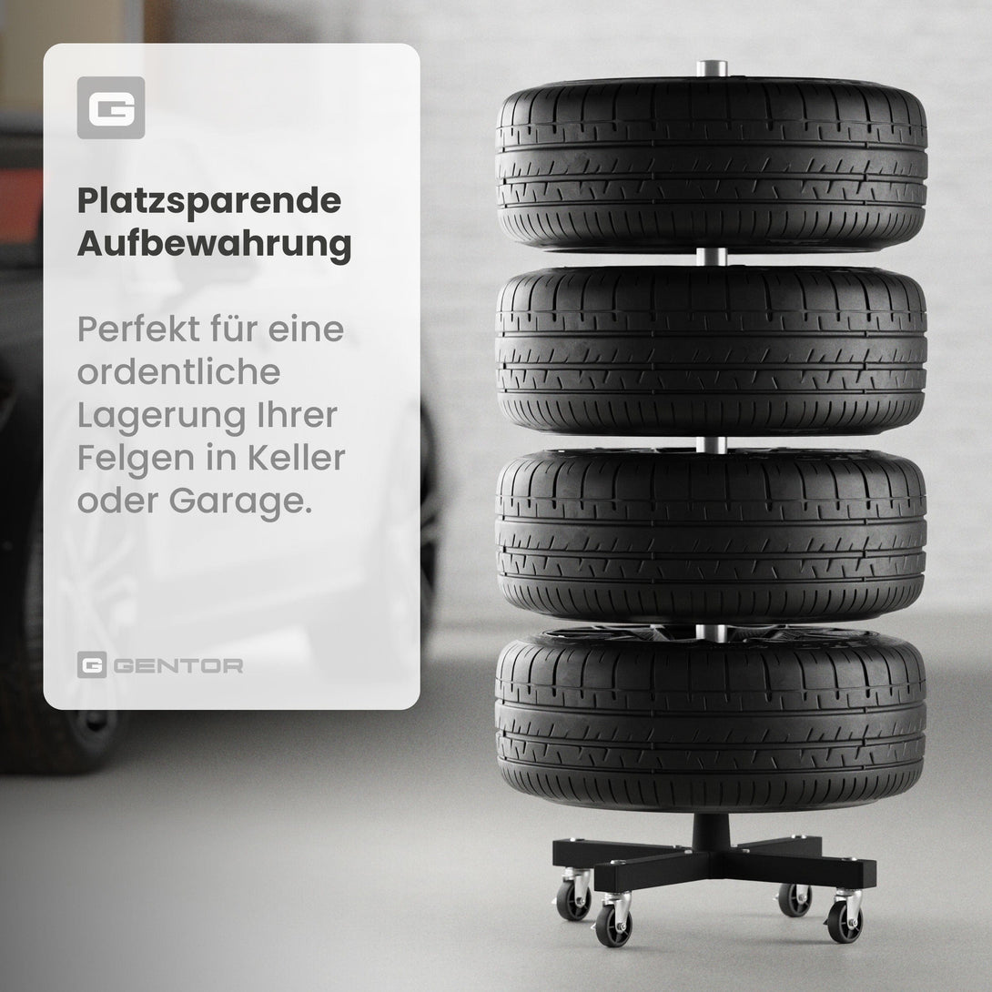 Wagenheber.de Felgenbaum fahrbar – Reifenständer für 4 Reifen bis 225 mm (16–20 Zoll) mit Rollen & Reifenmarkierer, belastbar bis 100 kg
