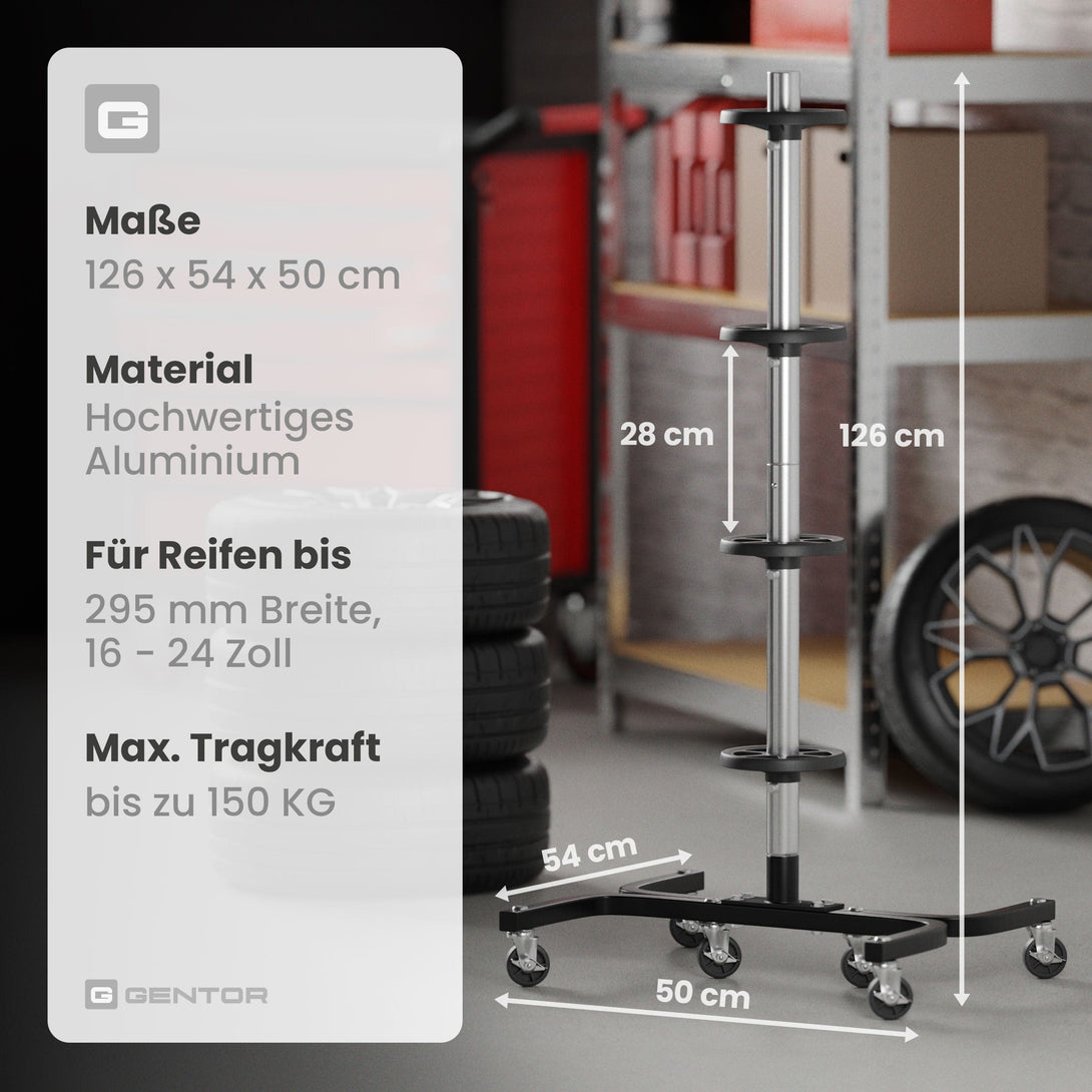 Wagenheber.de Felgenbaum XL fahrbar – Reifenständer für 4 Reifen bis 295 mm (16–24 Zoll) mit Rollen & Reifenmarkierer, belastbar bis 150 kg