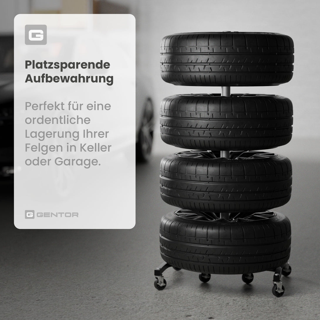 Wagenheber.de Felgenbaum XL fahrbar – Reifenständer für 4 Reifen bis 295 mm (16–24 Zoll) mit Rollen & Reifenmarkierer, belastbar bis 150 kg