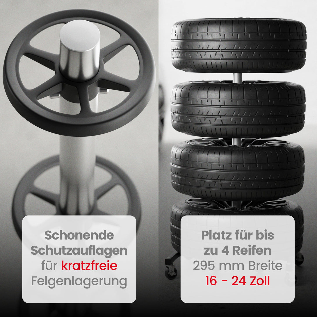Wagenheber.de Felgenbaum XL fahrbar – Reifenständer für 4 Reifen bis 295 mm (16–24 Zoll) mit Rollen & Reifenmarkierer, belastbar bis 150 kg