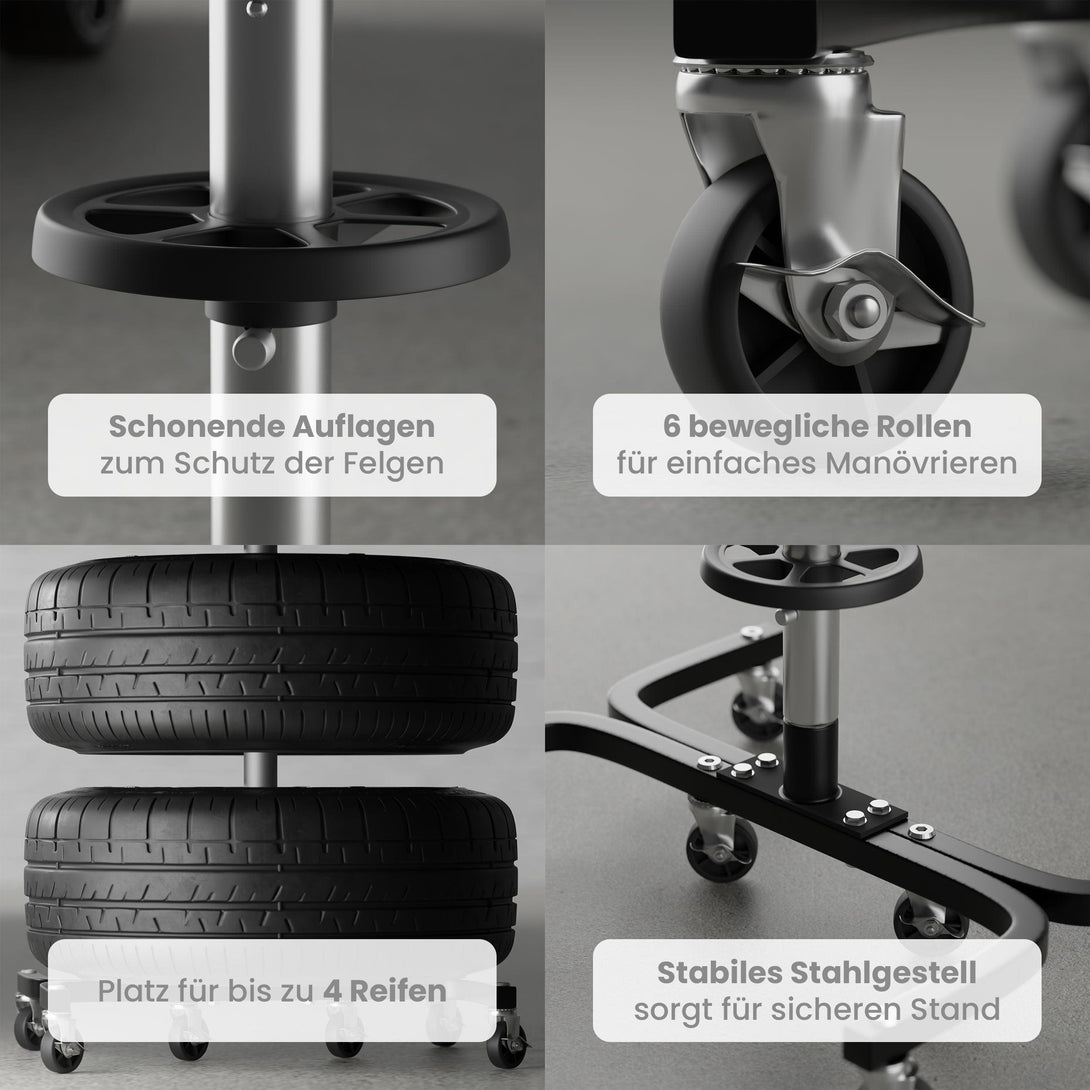 Wagenheber.de Felgenbaum XL fahrbar – Reifenständer für 4 Reifen bis 295 mm (16–24 Zoll) mit Rollen & Reifenmarkierer, belastbar bis 150 kg
