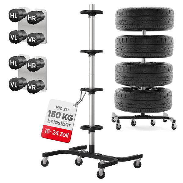 Wagenheber.de Felgenbaum XL fahrbar – Reifenständer für 4 Reifen bis 295 mm (16–24 Zoll) mit Rollen & Reifenmarkierer, belastbar bis 150 kg