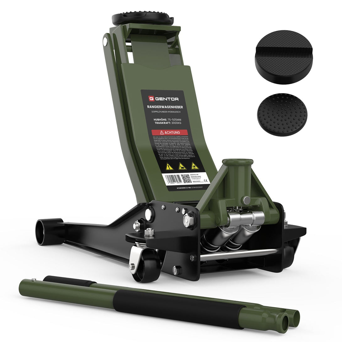 GENTOR 3T Wagenheber hydraulisch in Olivgrun mit Quicklift-System, Gummiauflagen und 75mm Unterfahrhohe fur PKW und SUV