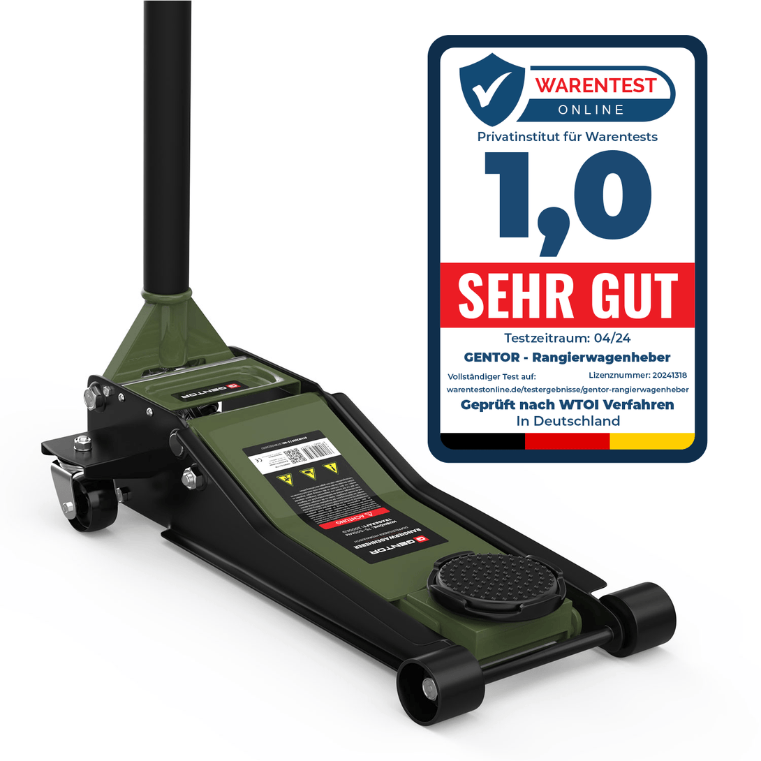GENTOR 3T Wagenheber hydraulisch in Olivgrun mit Testsiegel Sehr Gut, flache Bauweise und Quicklift Doppelkolben-System